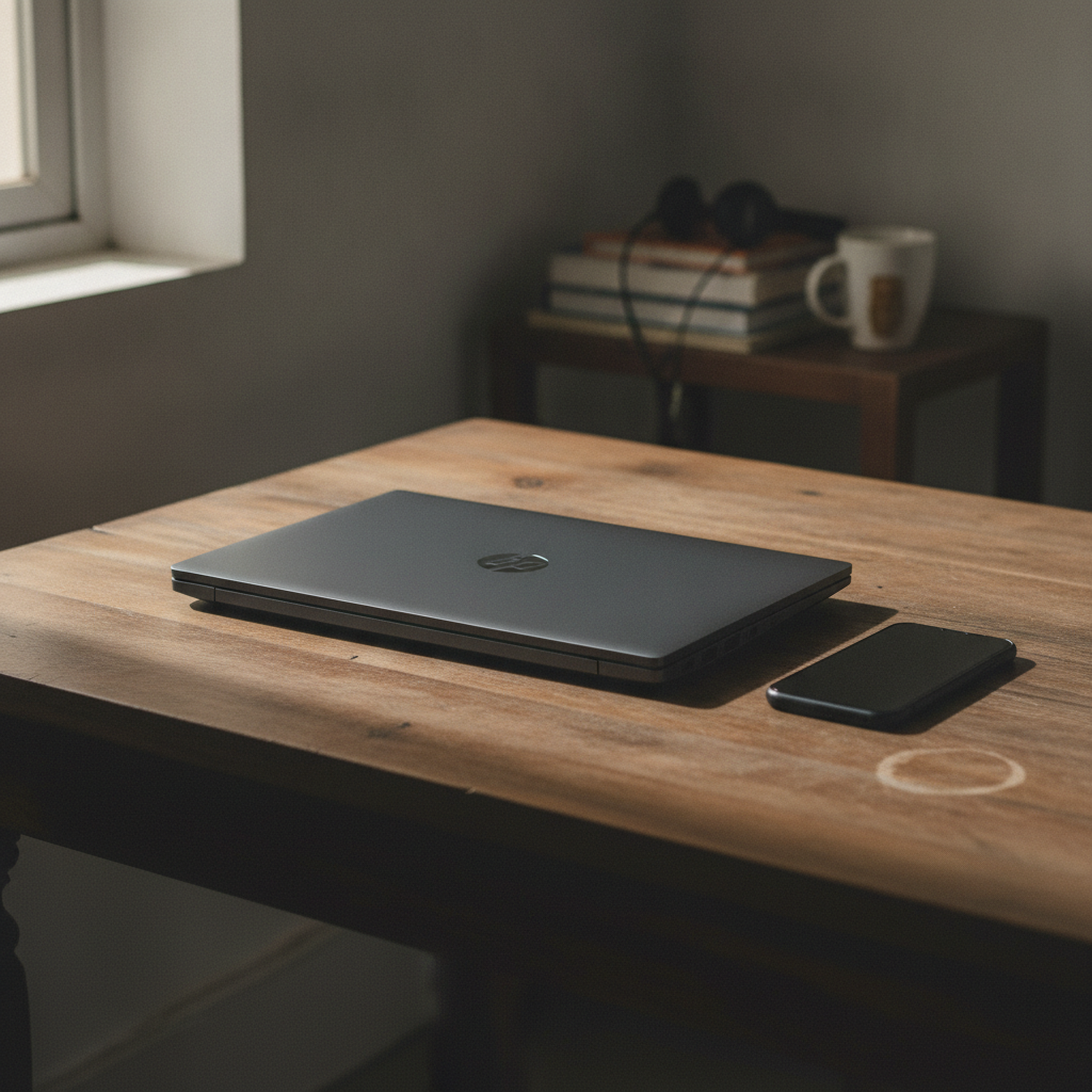 HP Victus 15 gaming laptop closed lid on a wooden table, budget gaming laptop India