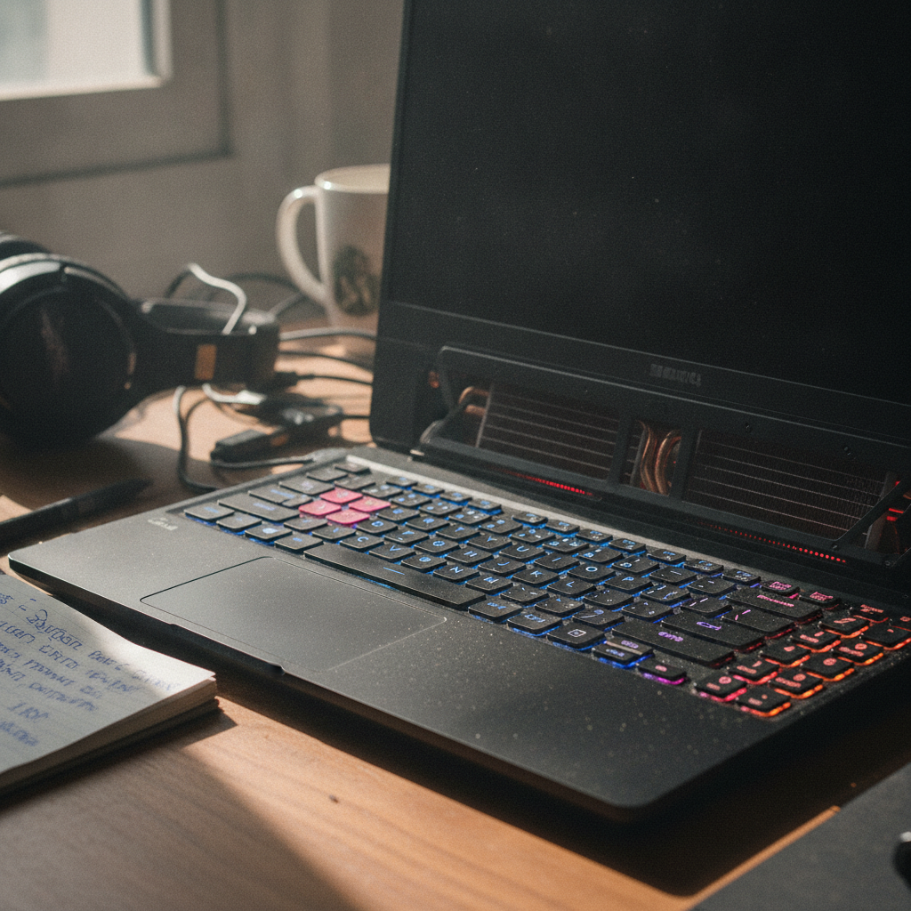 Close-up of a budget gaming laptop's RGB keyboard and cooling vents, representing RTX 3050 vs RTX 2050 vs GTX 1650 GPU tiers under 60,000 rupees in India