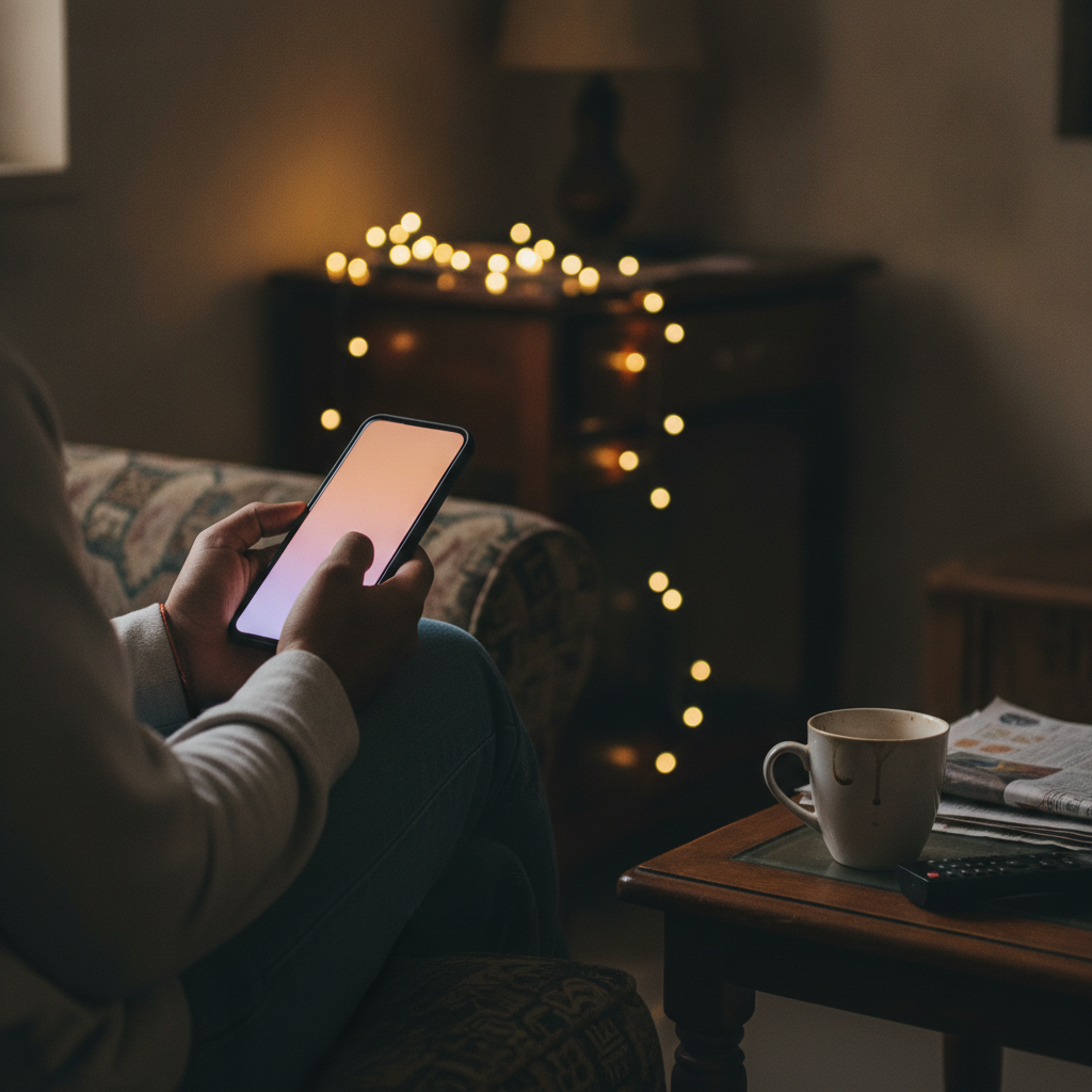 Indian shopper browsing laptop deals on a smartphone at home during Amazon Great Indian Festival and Flipkart Big Billion Days festive sale, string lights in background