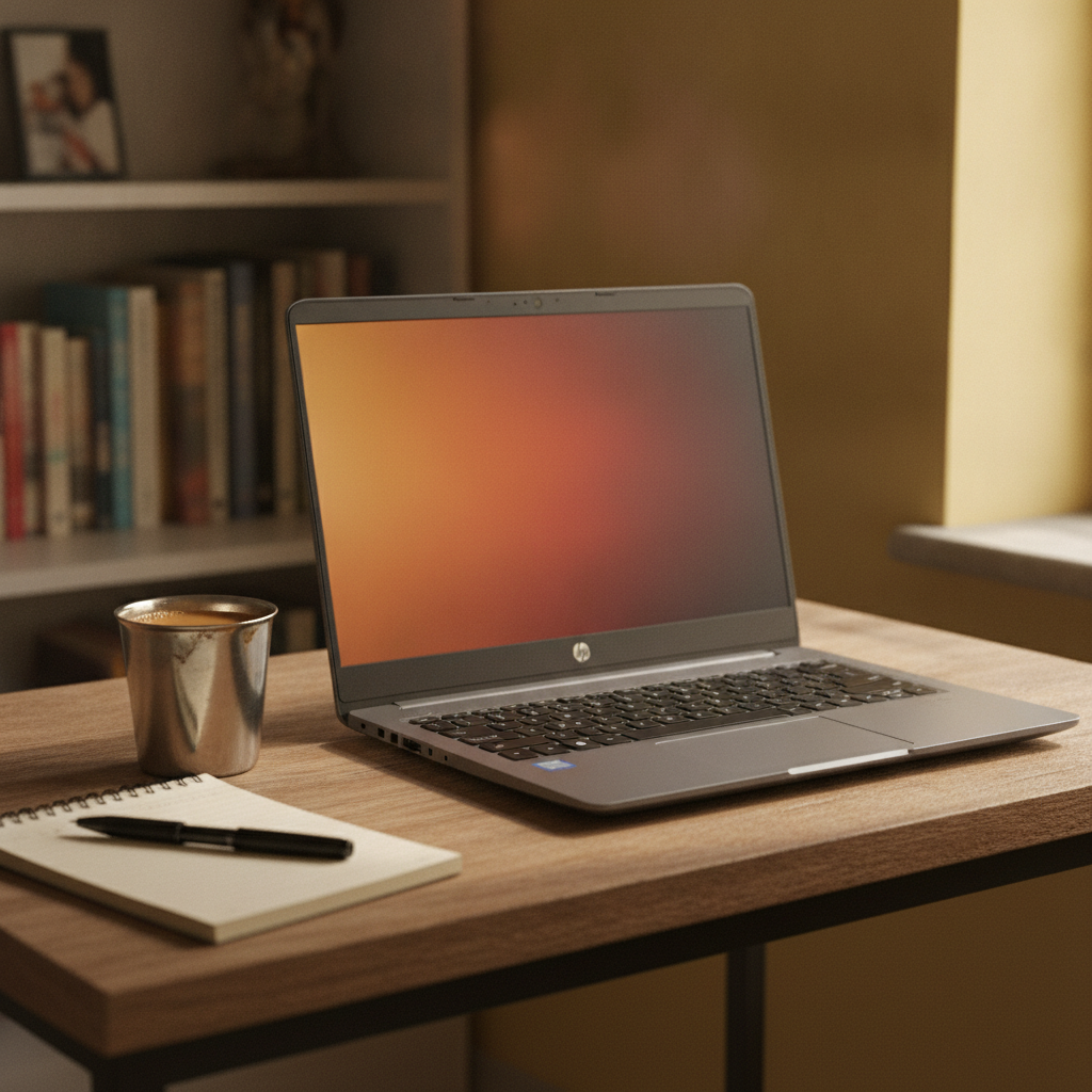 HP 15 Ryzen 5 budget laptop open on a study desk in an Indian home, festive sale laptop deal