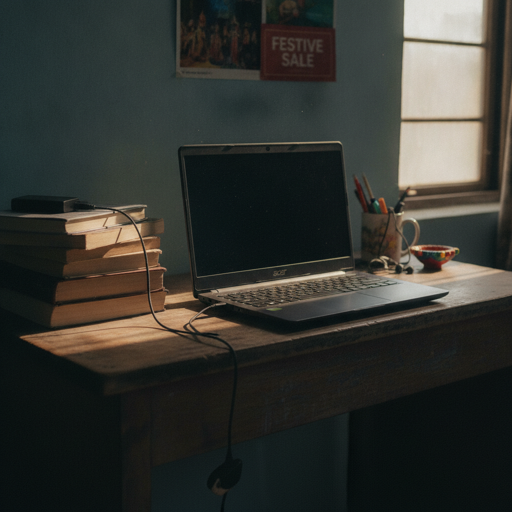 Acer Aspire Lite budget laptop on a college hostel desk in India, festive sale deal under 40000 rupees
