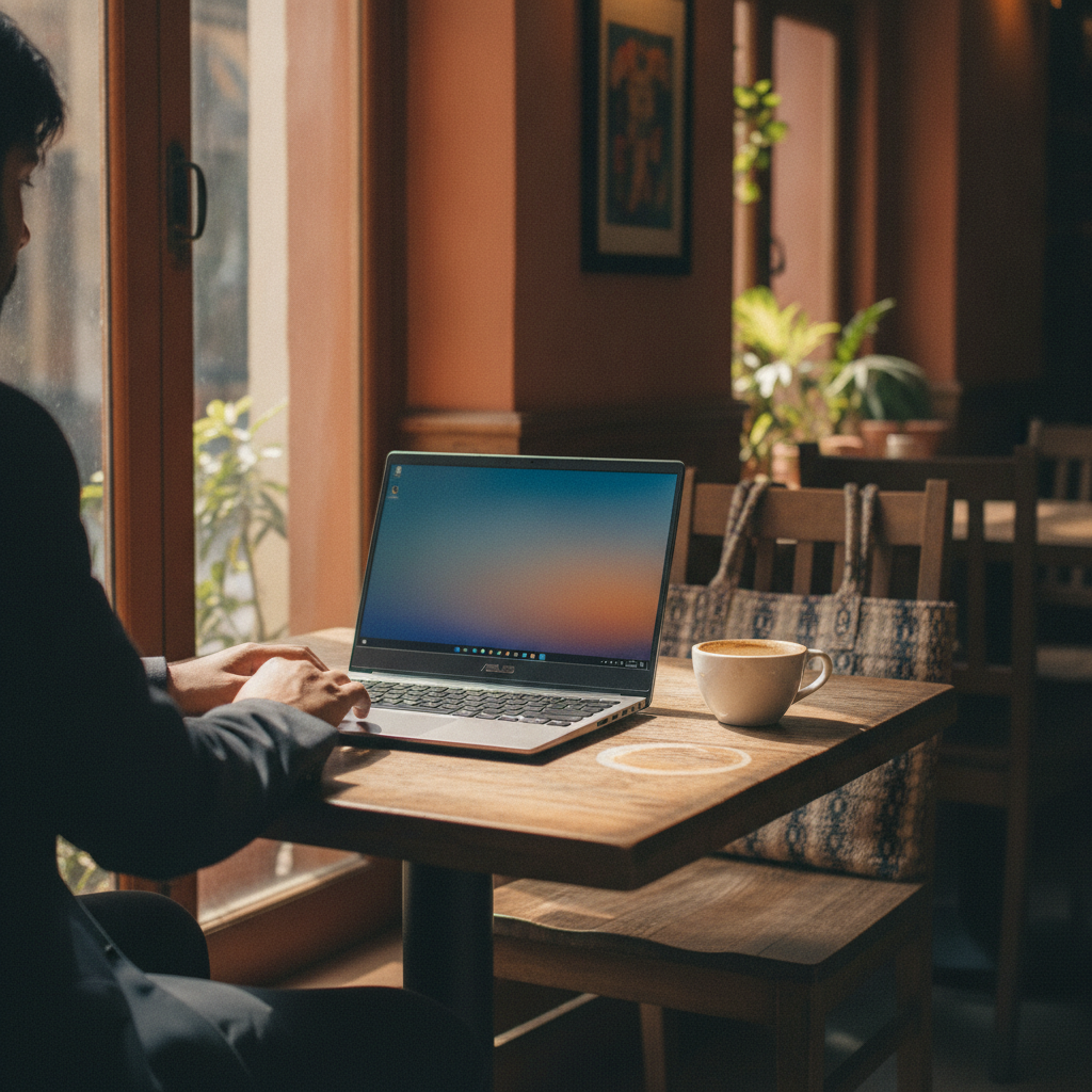 ASUS Vivobook S14 Snapdragon X premium ultrabook on a cafe table, professional working remotely in India