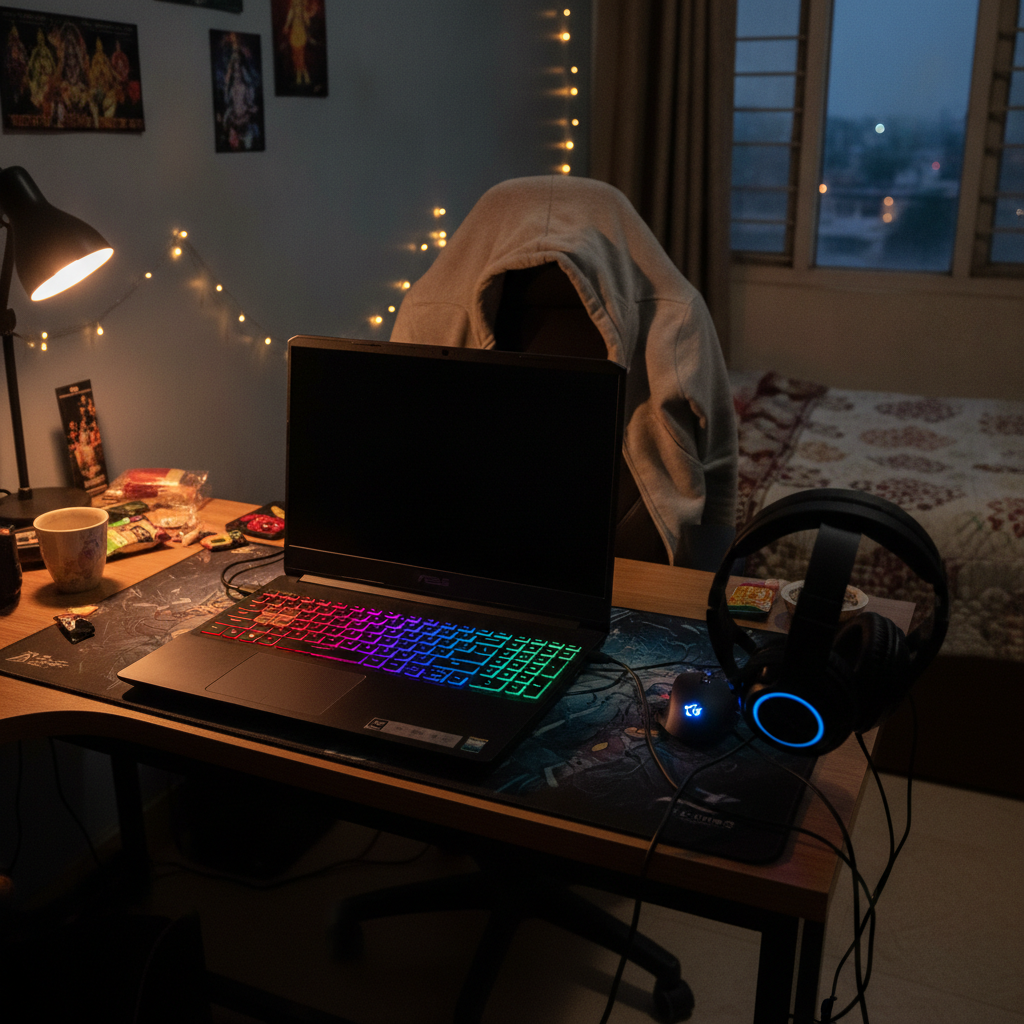 ASUS TUF Gaming A15 laptop with RGB keyboard on a gaming desk setup in an Indian bedroom
