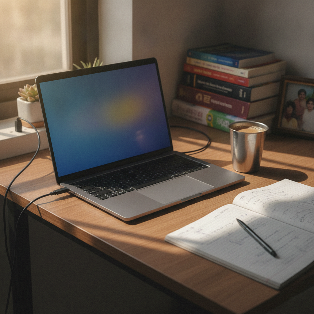 Indian computer science student coding on a laptop at a desk with multiple browser tabs and a code editor open, study table setup