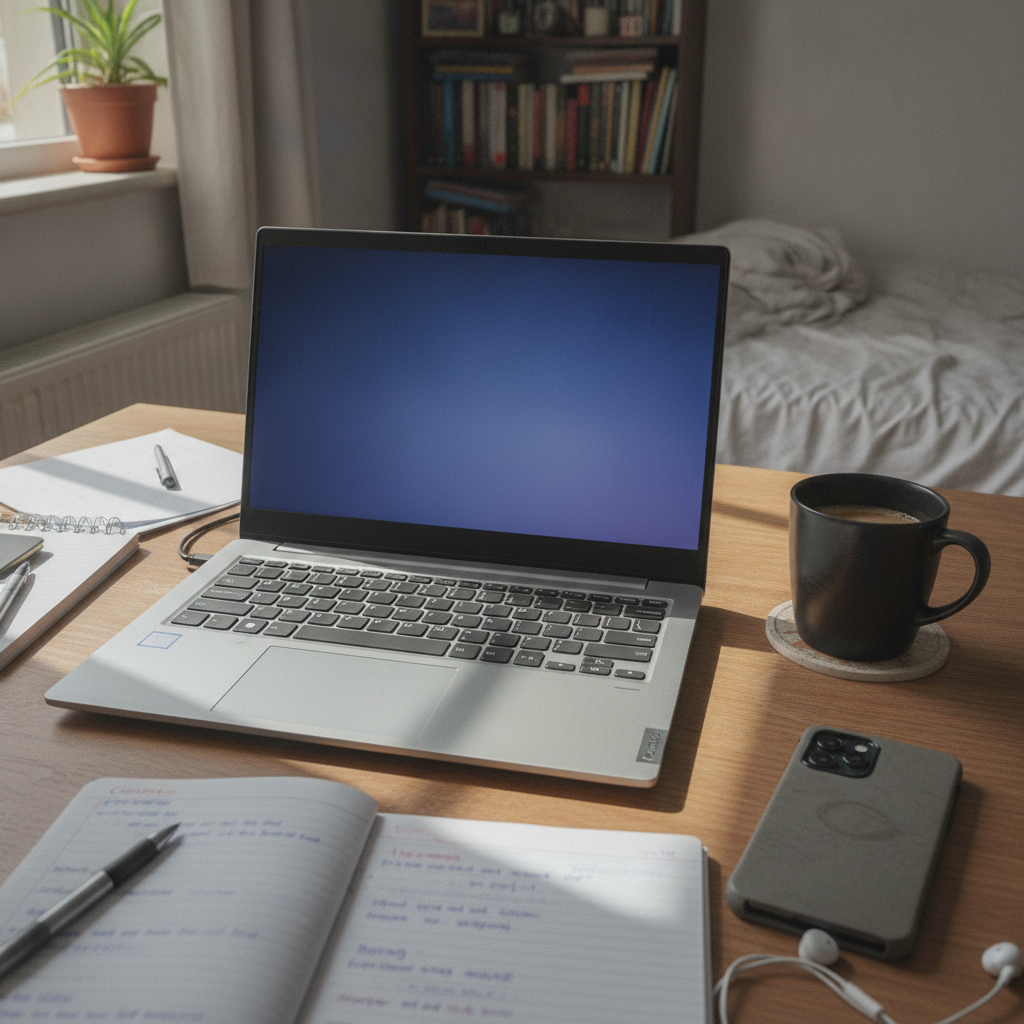 Lenovo IdeaPad Slim 5 laptop open on a desk showing a code editor, budget programming laptop for Indian students