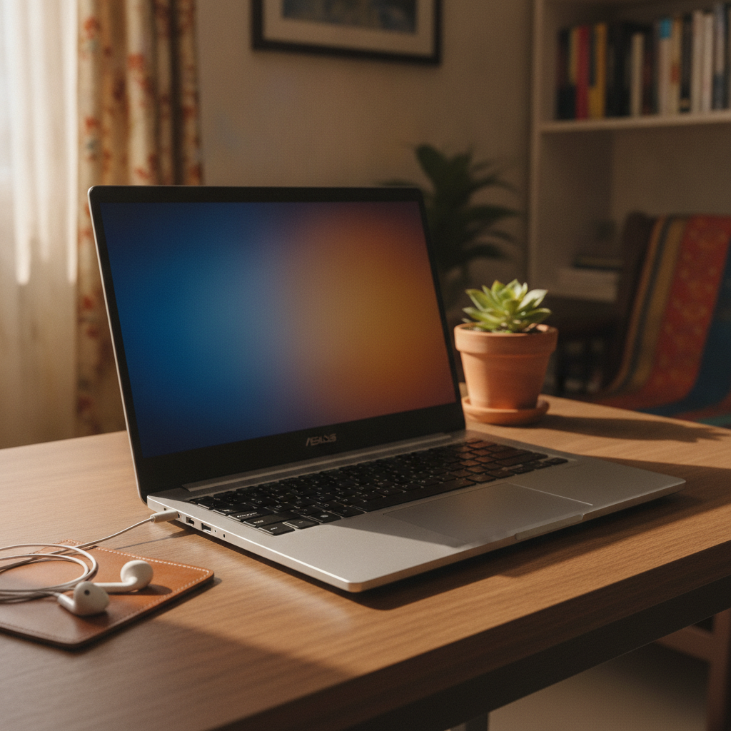 ASUS Vivobook 15 laptop 2026 model on a study table in an Indian apartment, silver laptop with FHD display
