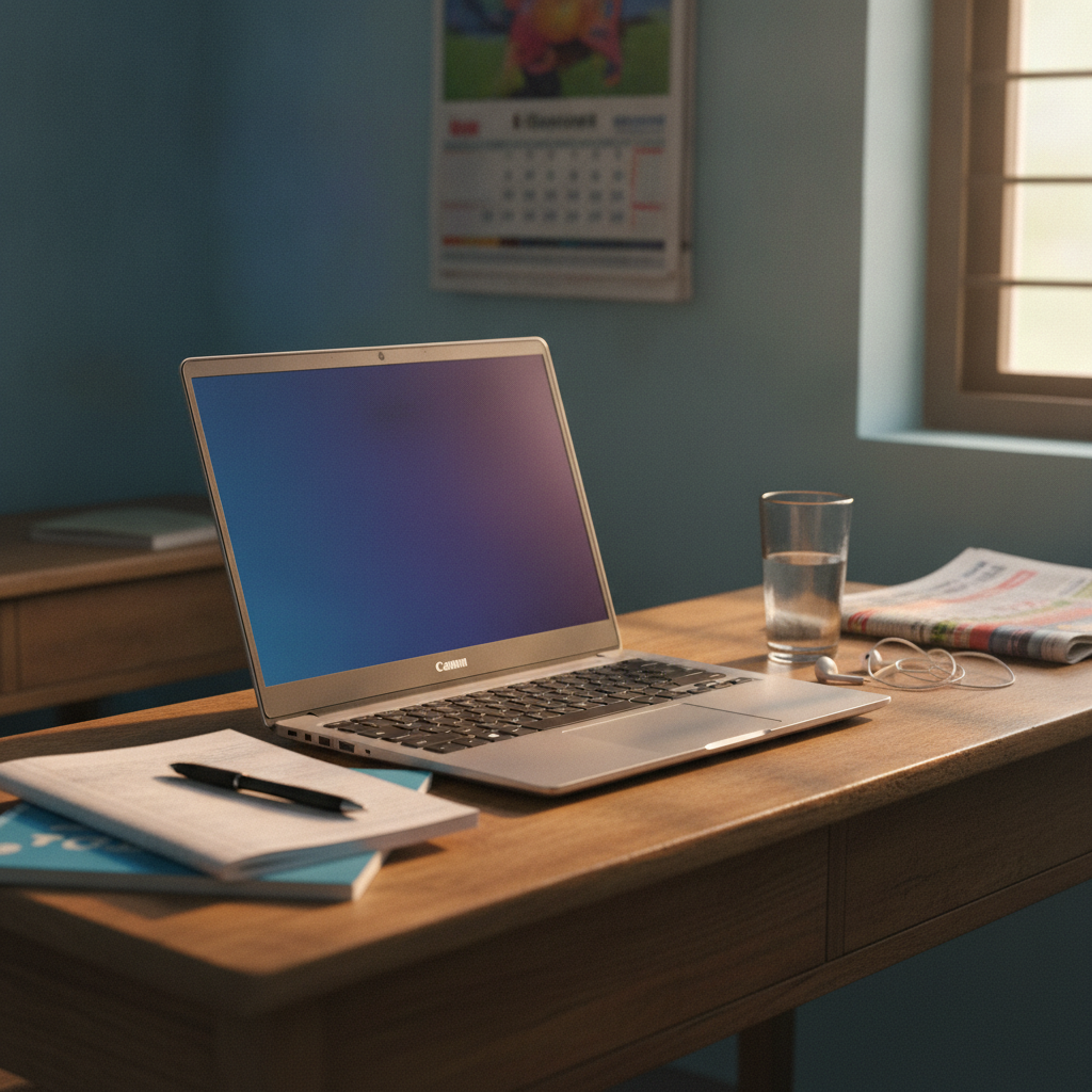 Budget 15.6-inch laptop open on a study desk in an Indian home, used for student work and home office, best laptop under 40000 in India 2026