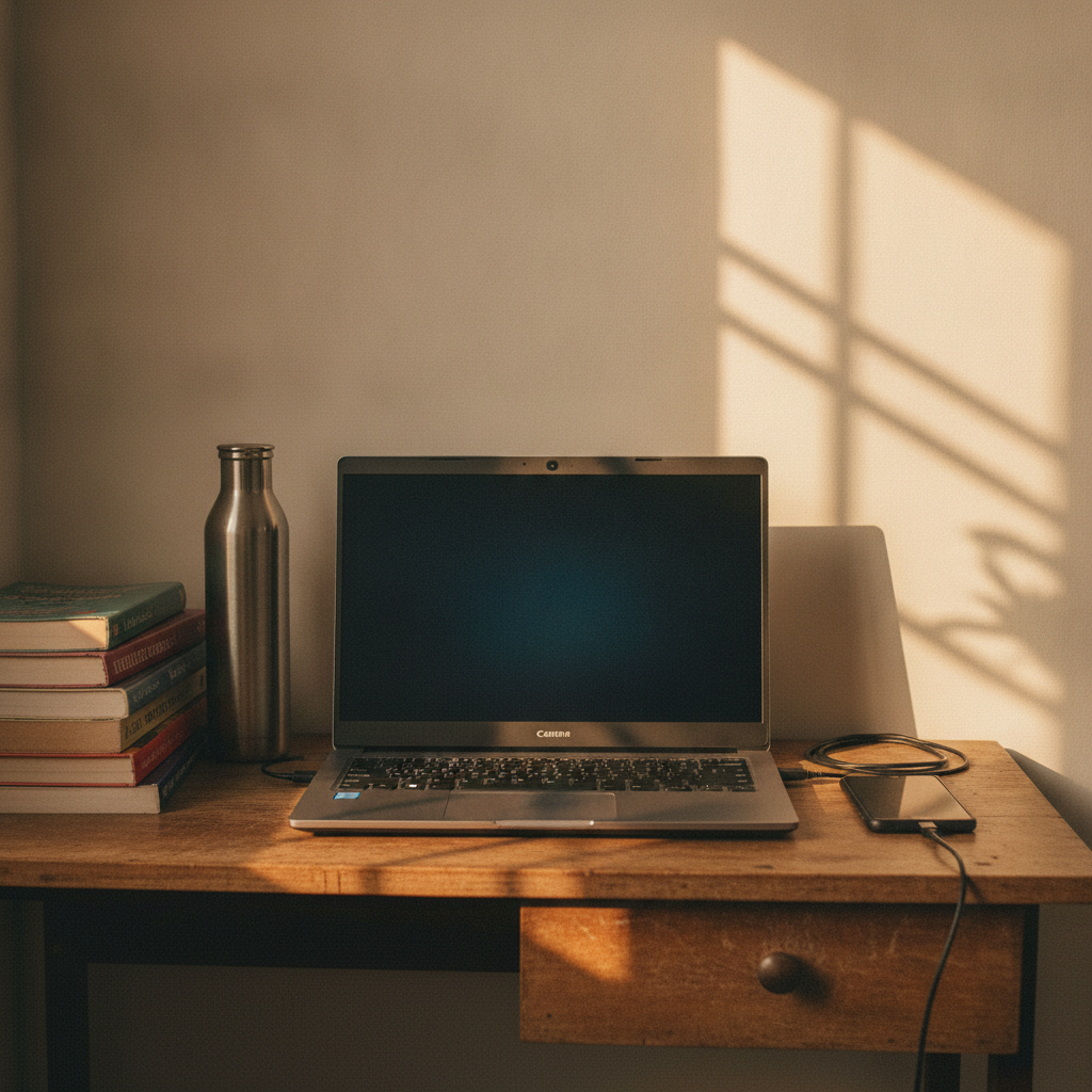 Five 15.6-inch budget laptops from ASUS, Dell, Lenovo and HP on a desk in an Indian home, best laptop under 50000 in India 2026 comparison