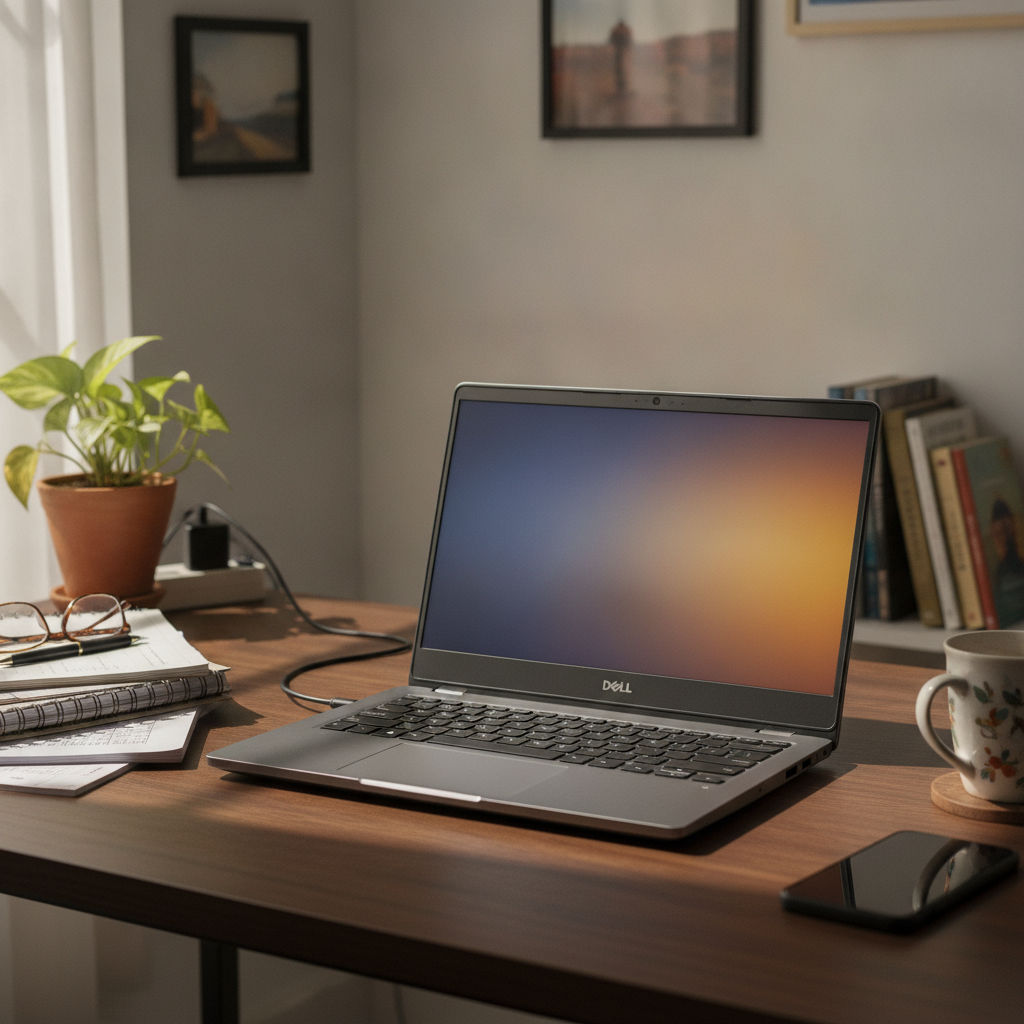 Dell Pro 15 2025 laptop with a 120Hz anti-glare screen on an office desk in an Indian home, best display budget laptop under 50000