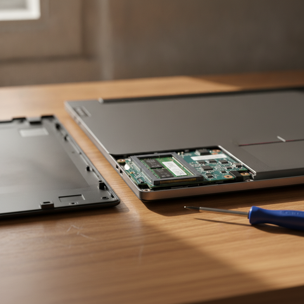Lenovo IdeaPad Slim 3 laptop with the bottom panel open showing a free RAM slot, upgradeable budget laptop under 50000 in India