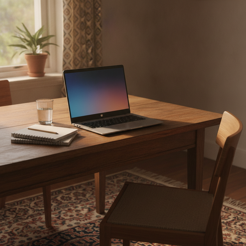 HP 15s laptop on a dining table being used for an online class, everyday budget laptop under 50000 for a family in India