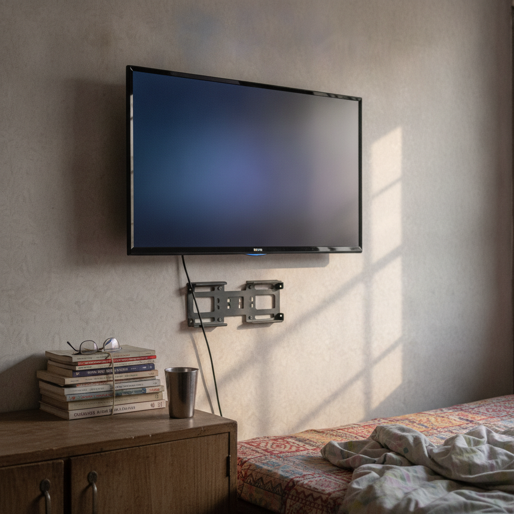 A 32-inch budget smart TV on a wooden cabinet in a small Indian bedroom, showing a streaming app home screen, best smart TV under 15000