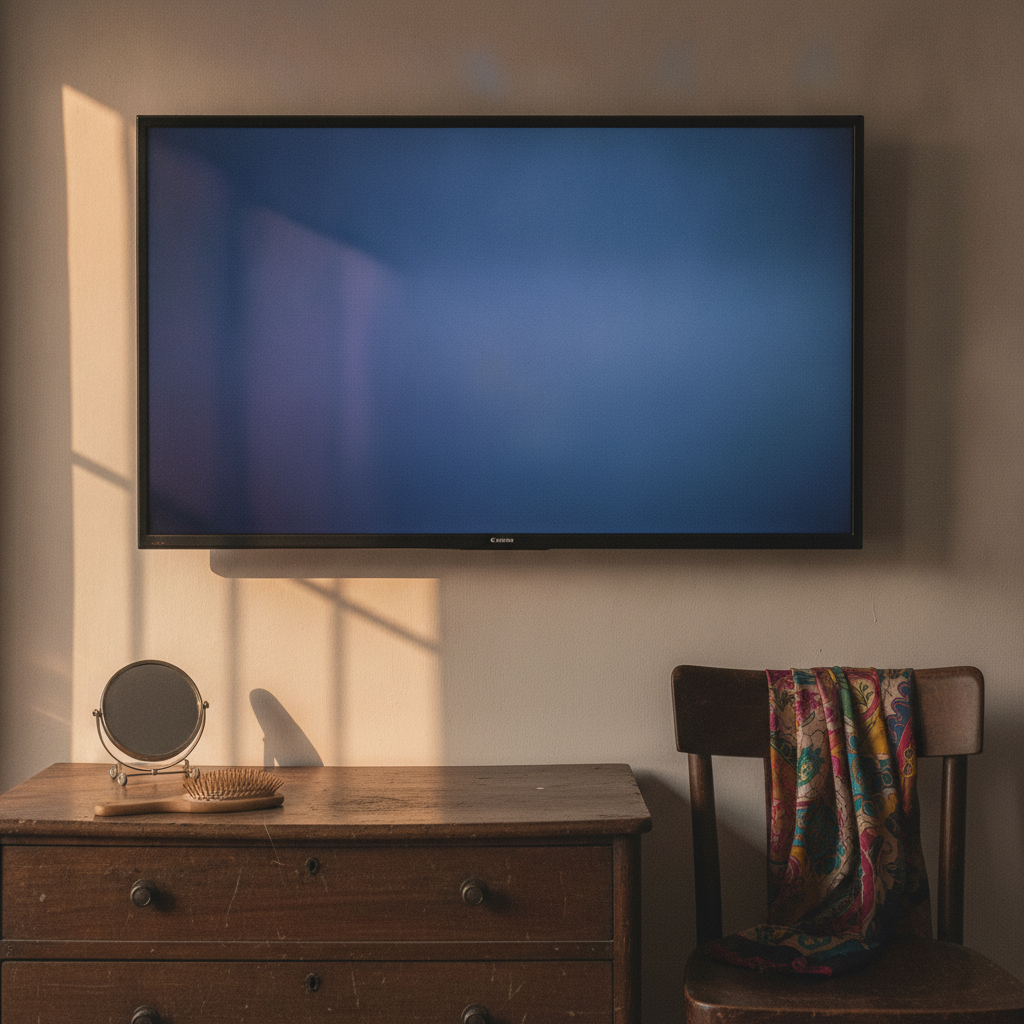 Samsung 32-inch HD Smart TV running the Tizen home screen, mounted on a wall in an Indian bedroom