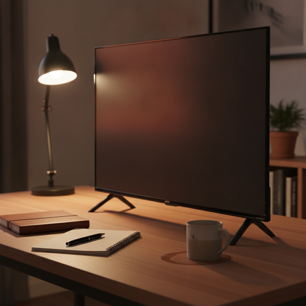 Philips 6100 32PFT6130 32-inch TV displaying the Google TV interface on a study table in an Indian home