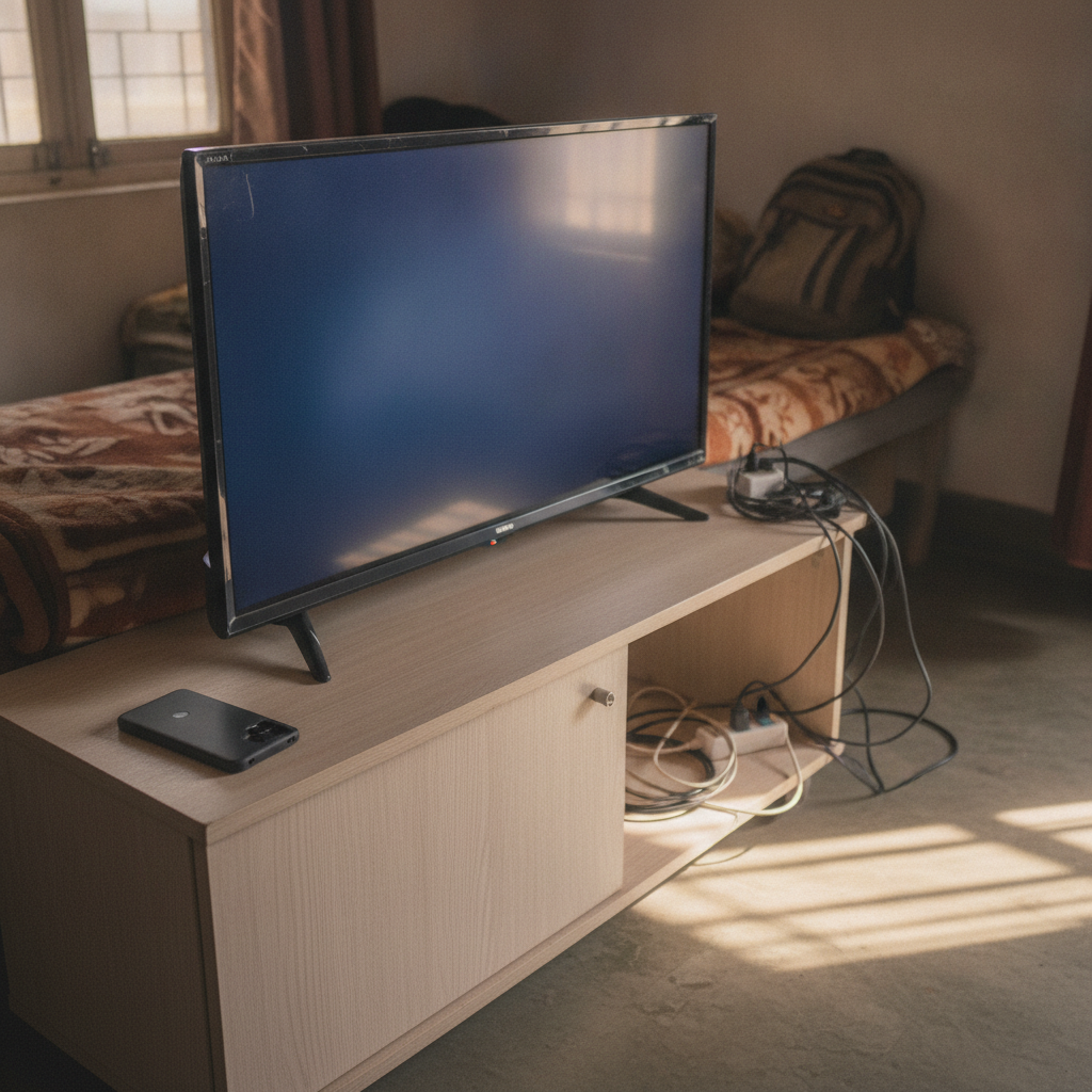 Hisense 32E43N 32-inch HD smart TV on a small TV unit in an Indian hostel room