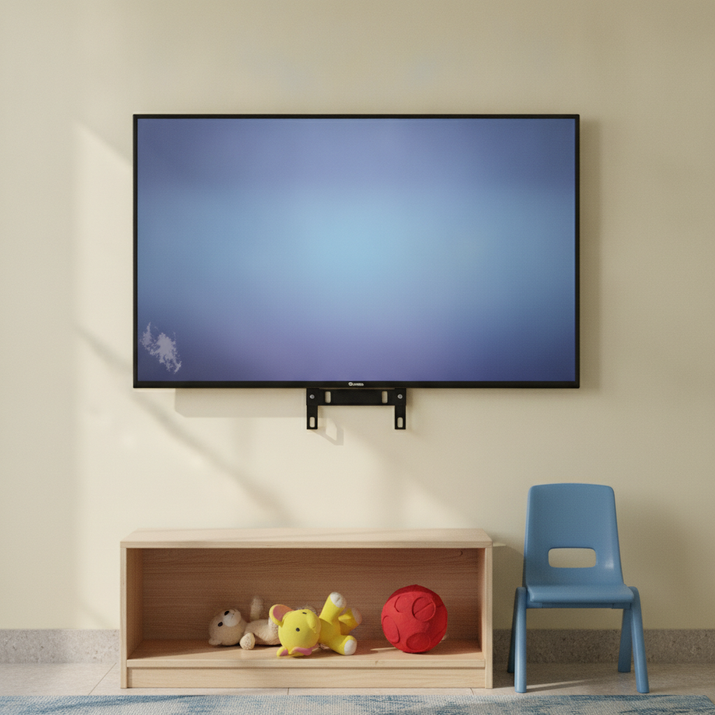Acer 32-inch HD Google TV on a wall bracket in a child's room in an Indian apartment