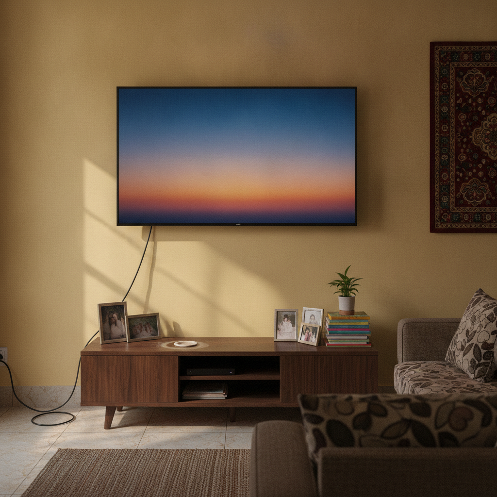 A 43-inch 4K smart TV wall-mounted in a middle-class Indian living room showing a streaming app home screen, budget TV buying guide for under 25000 rupees