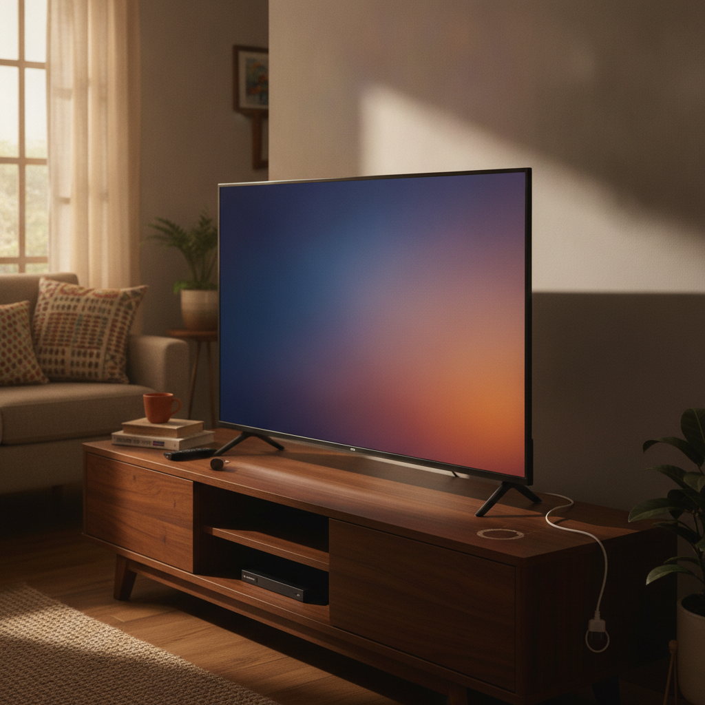 TCL 43V6C 43-inch 4K Google TV standing on a TV unit in an Indian home, budget 4K smart TV under 25000