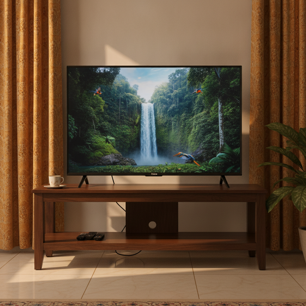 Hisense 43E6N 43-inch 4K smart TV displaying a nature documentary in a curtained Indian living room
