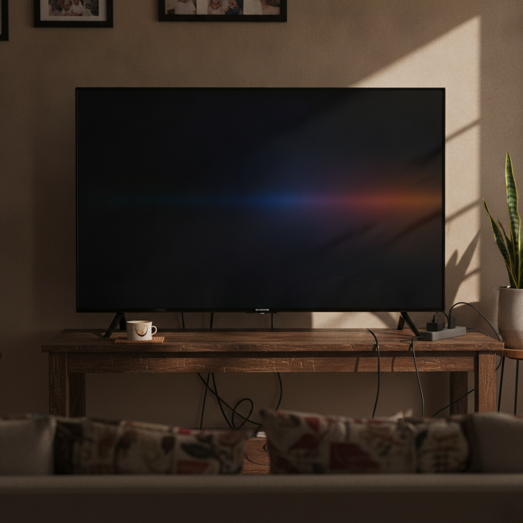 Samsung Crystal 4K 43-inch smart TV on a wooden console showing the Tizen home screen, brand-name budget TV in an Indian home