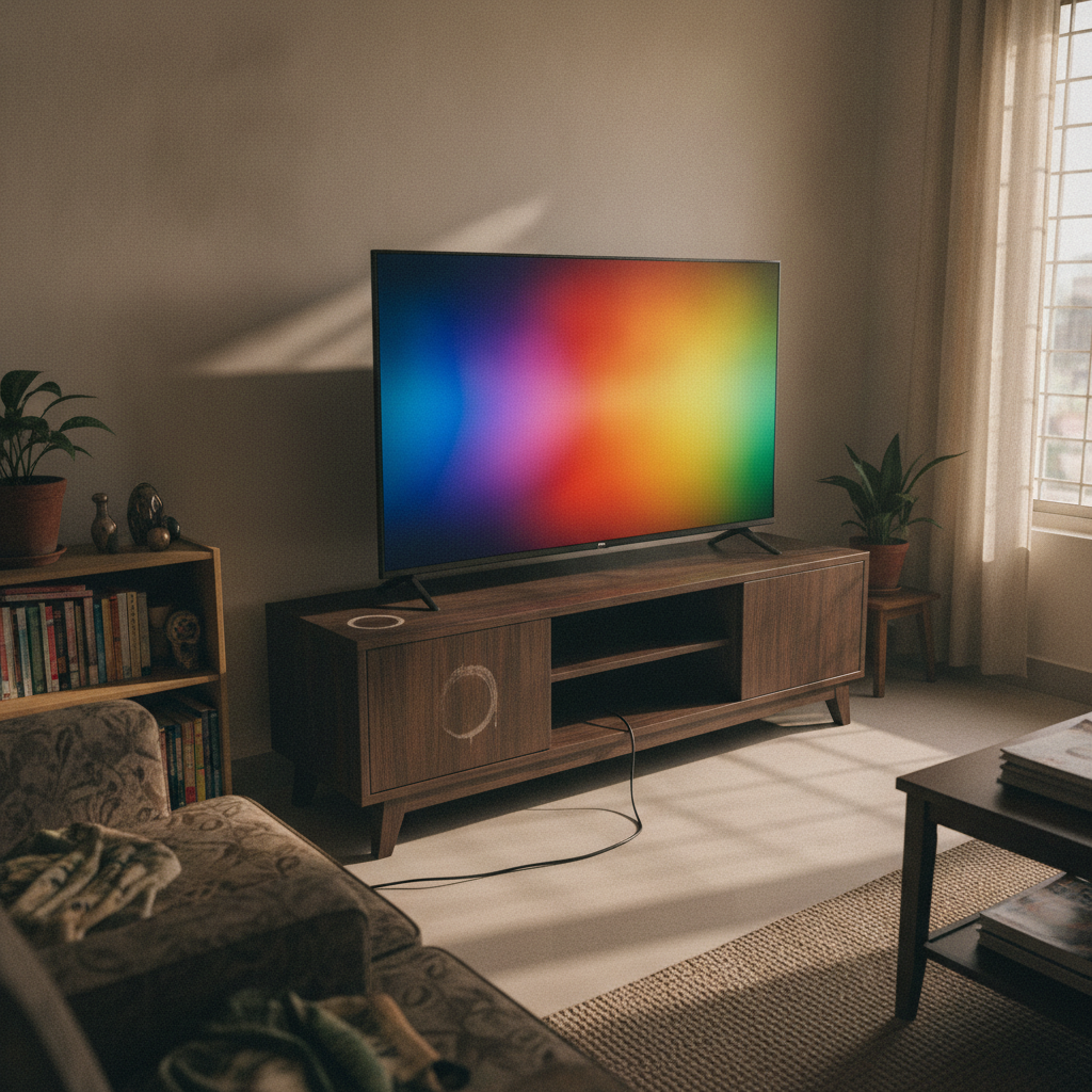 Vu GloQLED 43-inch QLED 4K Google TV showing a colourful film scene in an Indian apartment living room