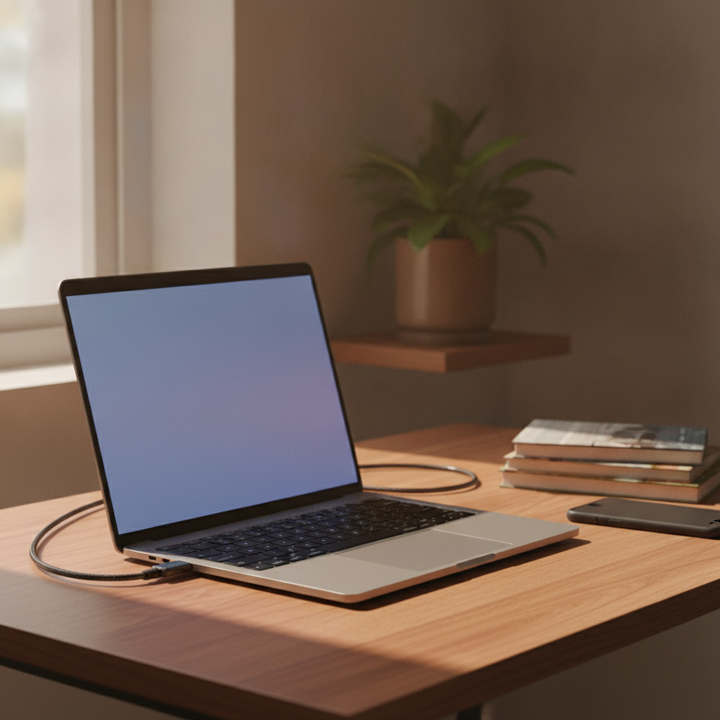 Modern laptop open on a desk in a lived-in Indian home office, representing the choice between HP, Dell and Lenovo laptop brands