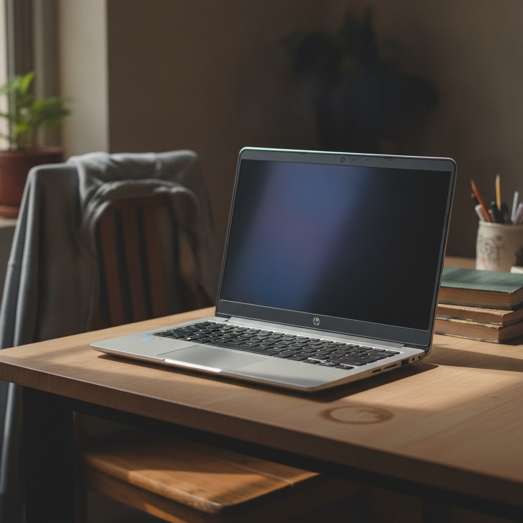 HP Pavilion laptop open on a study table in a middle-class Indian home, budget laptop for students