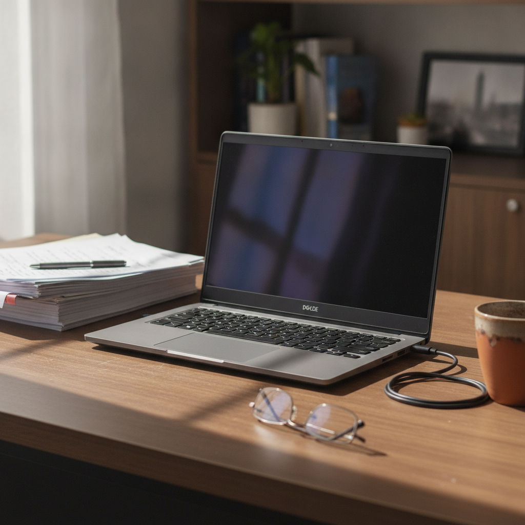 Dell Latitude business laptop on an office desk in India, professional laptop for work