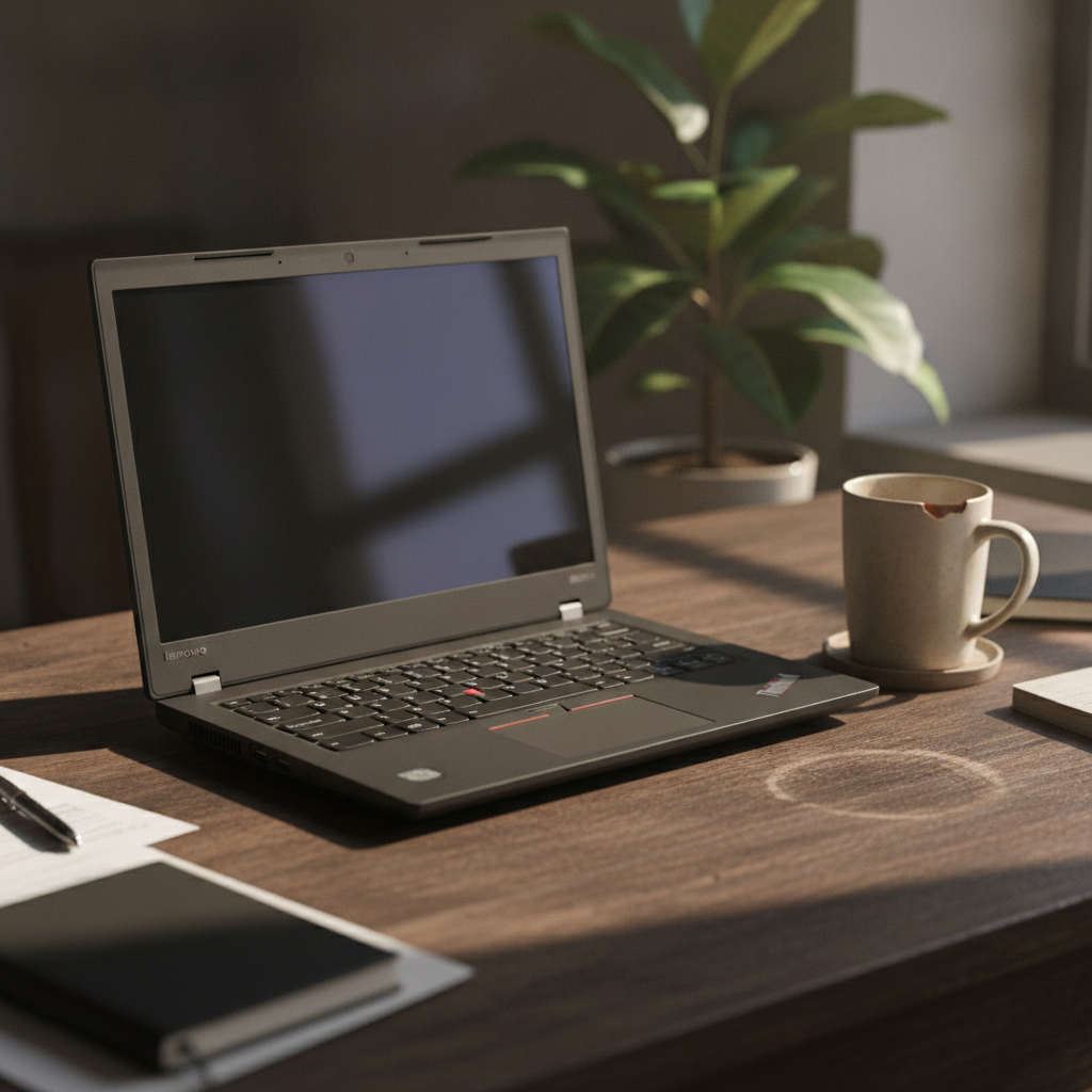 Lenovo ThinkPad laptop on a wooden desk in an Indian office, durable business laptop