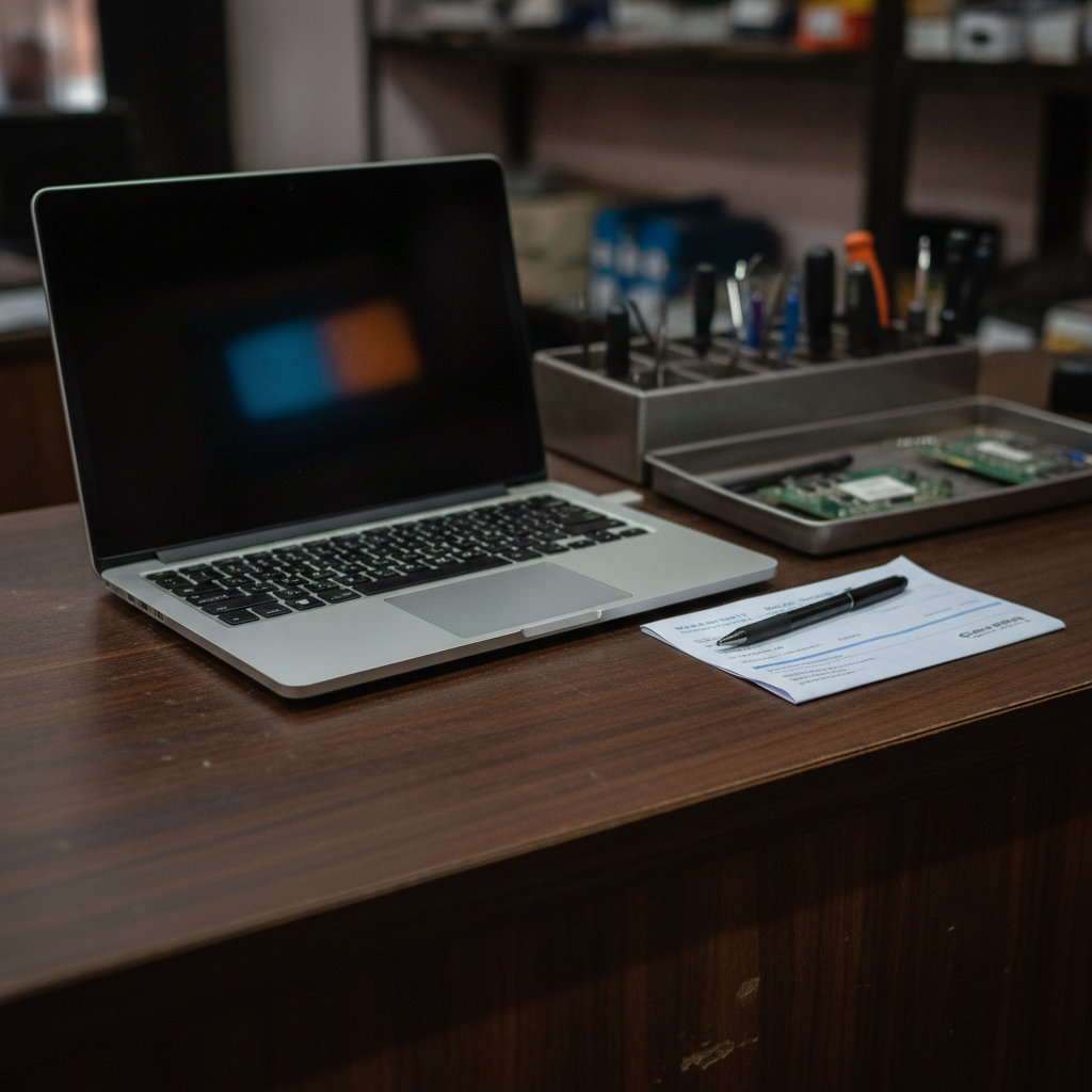 Laptop at an authorised service centre in India with warranty card and service invoice, representing after-sales support comparison between HP, Dell and Lenovo