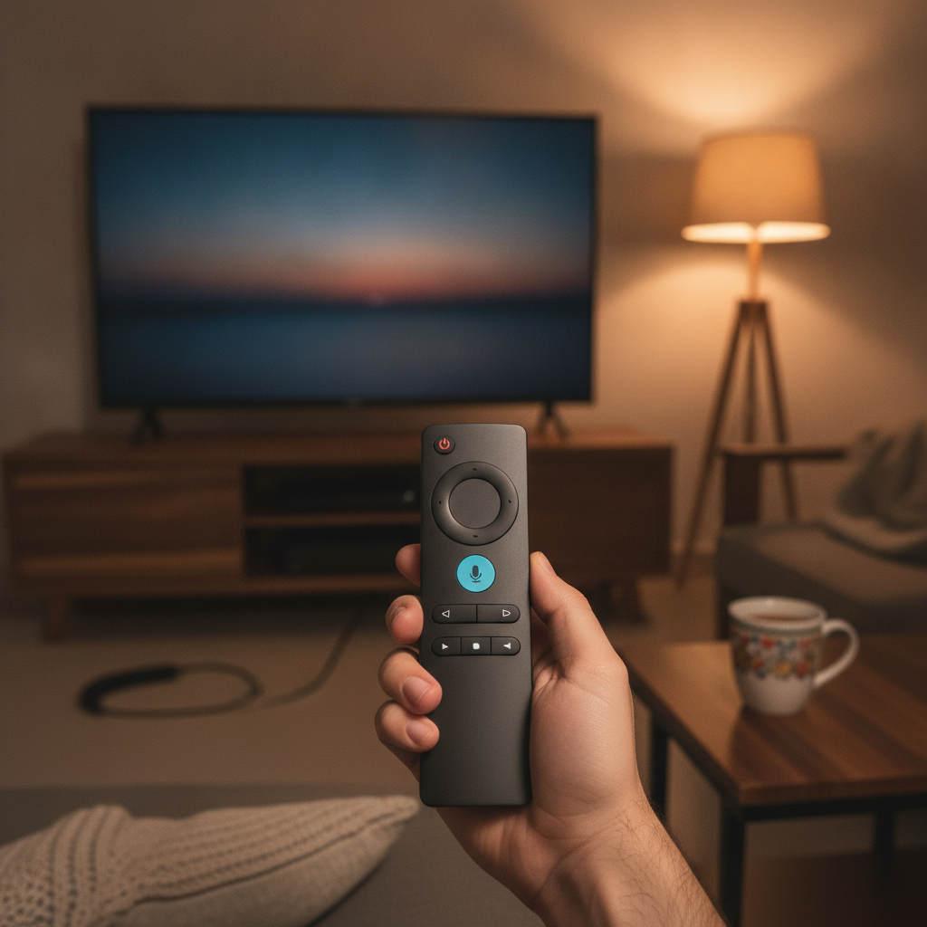 Smart TV remote control with Google Assistant button next to a TV showing a Google TV home screen in an Indian living room