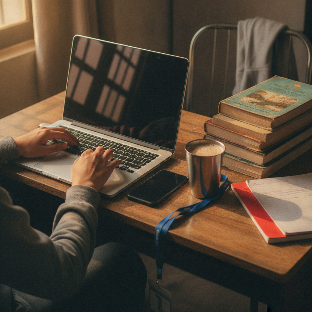Indian college student using a 16-inch ASUS Vivobook laptop at a hostel desk with textbooks, best laptop for students in India 2026