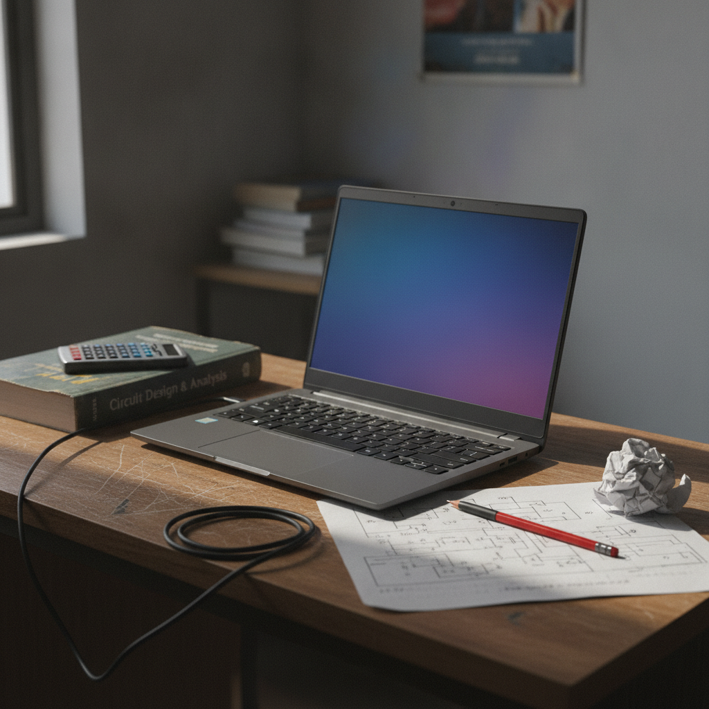 Lenovo V14 Gen 4 laptop running a code editor and a CAD window on an engineering student's hostel desk in India