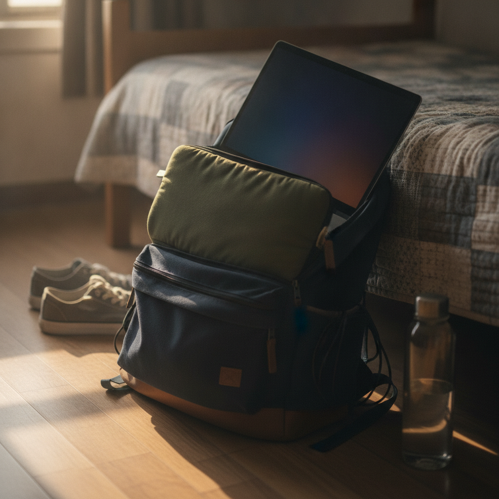 Lenovo ThinkPad E14 business laptop slotting into a student's backpack for a daily campus commute in India