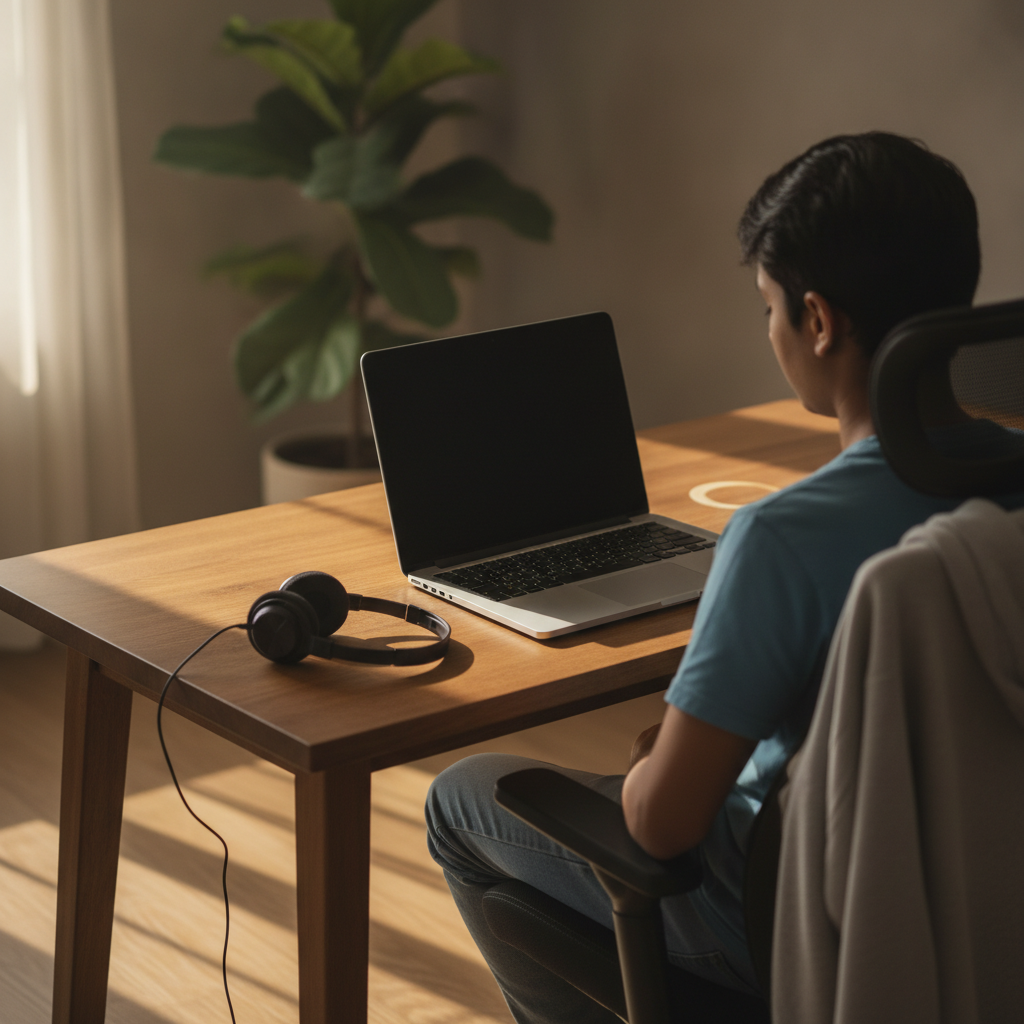 Indian student attending an online class on a laptop at a home desk, video call visible on screen, budget webcam setup
