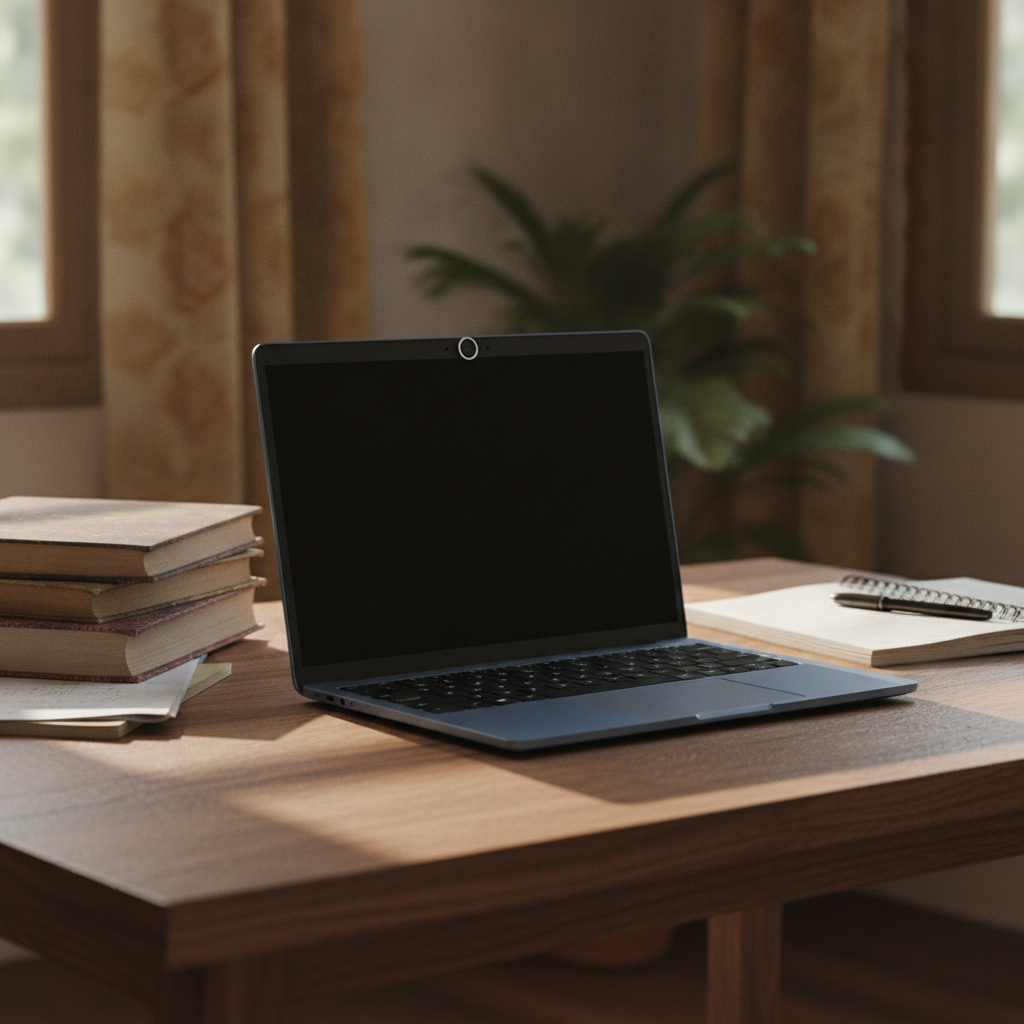 ASUS Chromebook CM1405 laptop open on a study table during a Google Meet video call, privacy shutter webcam visible, budget Chromebook for Indian students