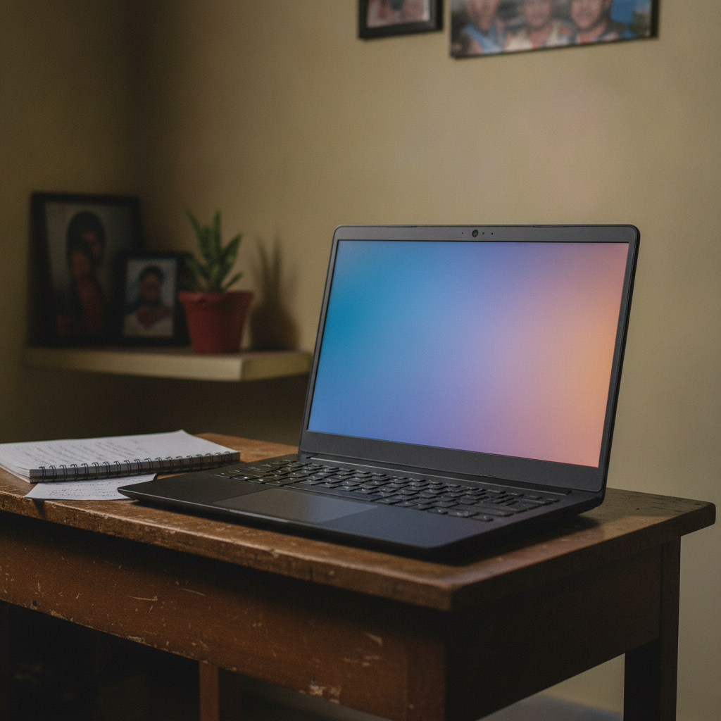HP Chromebook 14 laptop with built-in webcam active during a Zoom call, budget Chromebook in an Indian household