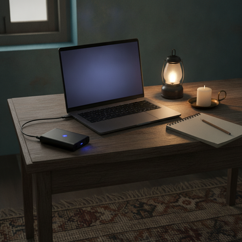 Lenovo IdeaPad Slim 3 laptop charging via USB-C power bank during a power cut, online class in progress on screen