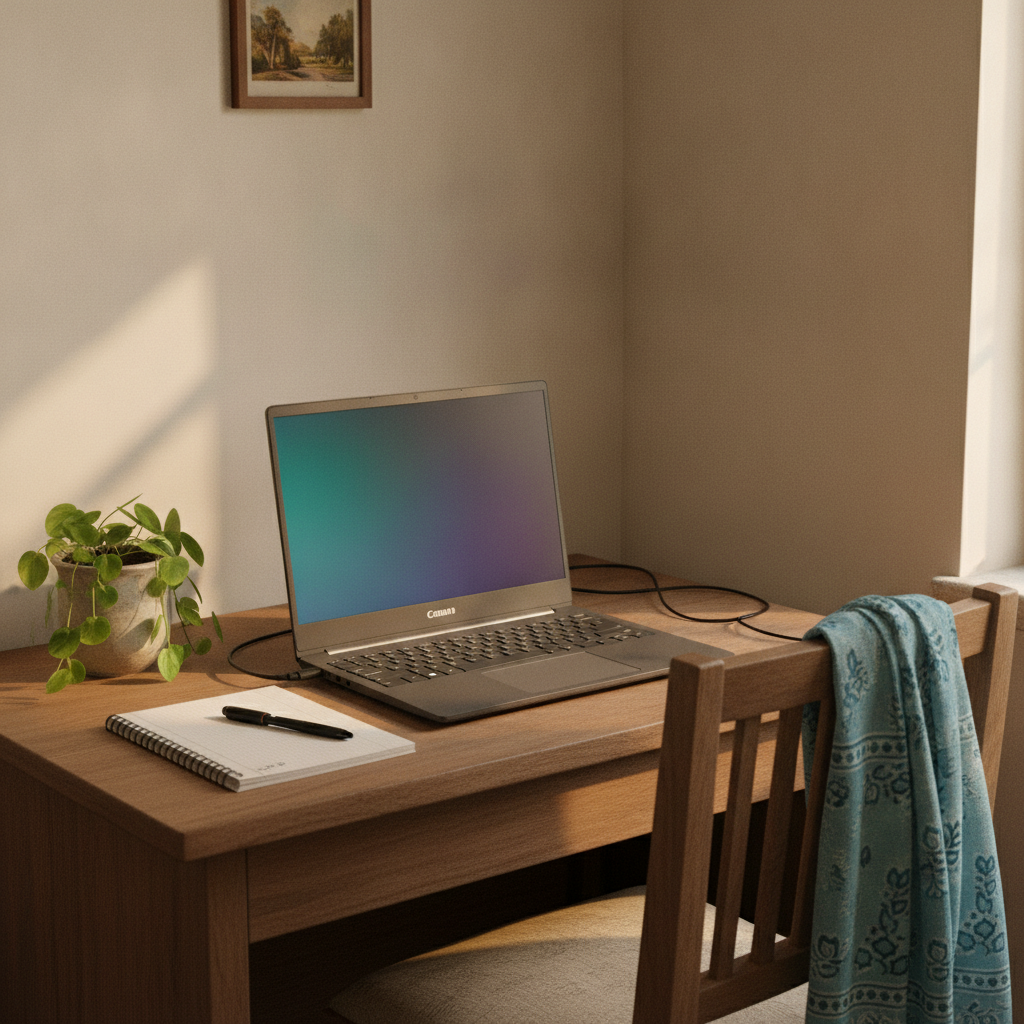 Budget 15.6-inch laptop open on a study desk in a middle-class Indian home, used by a student for online classes, best laptop under 30000 in India 2026