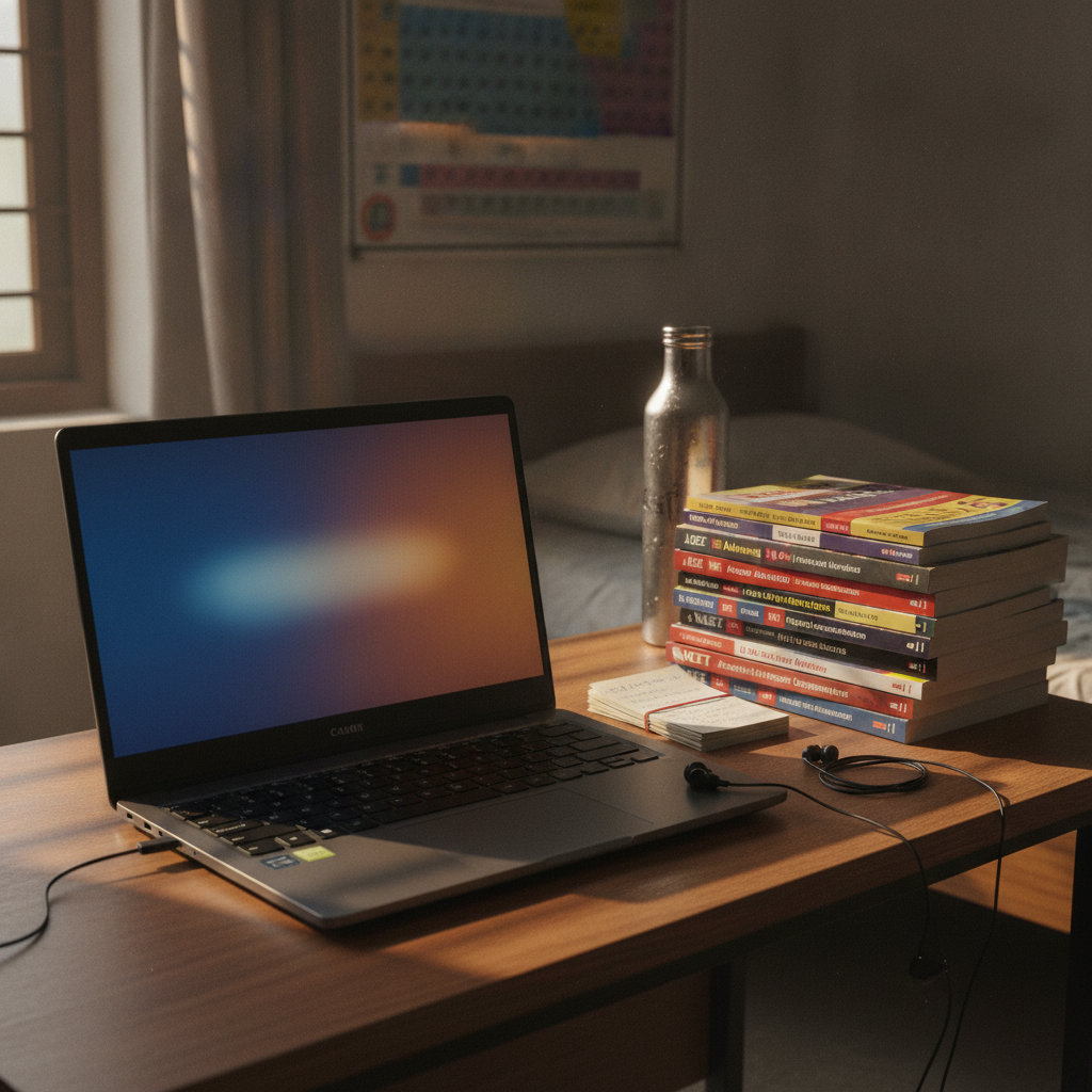 Primebook 2 Max 15.6-inch Android-based PrimeOS laptop showing a coaching app on screen, used by an Indian student preparing for competitive exams