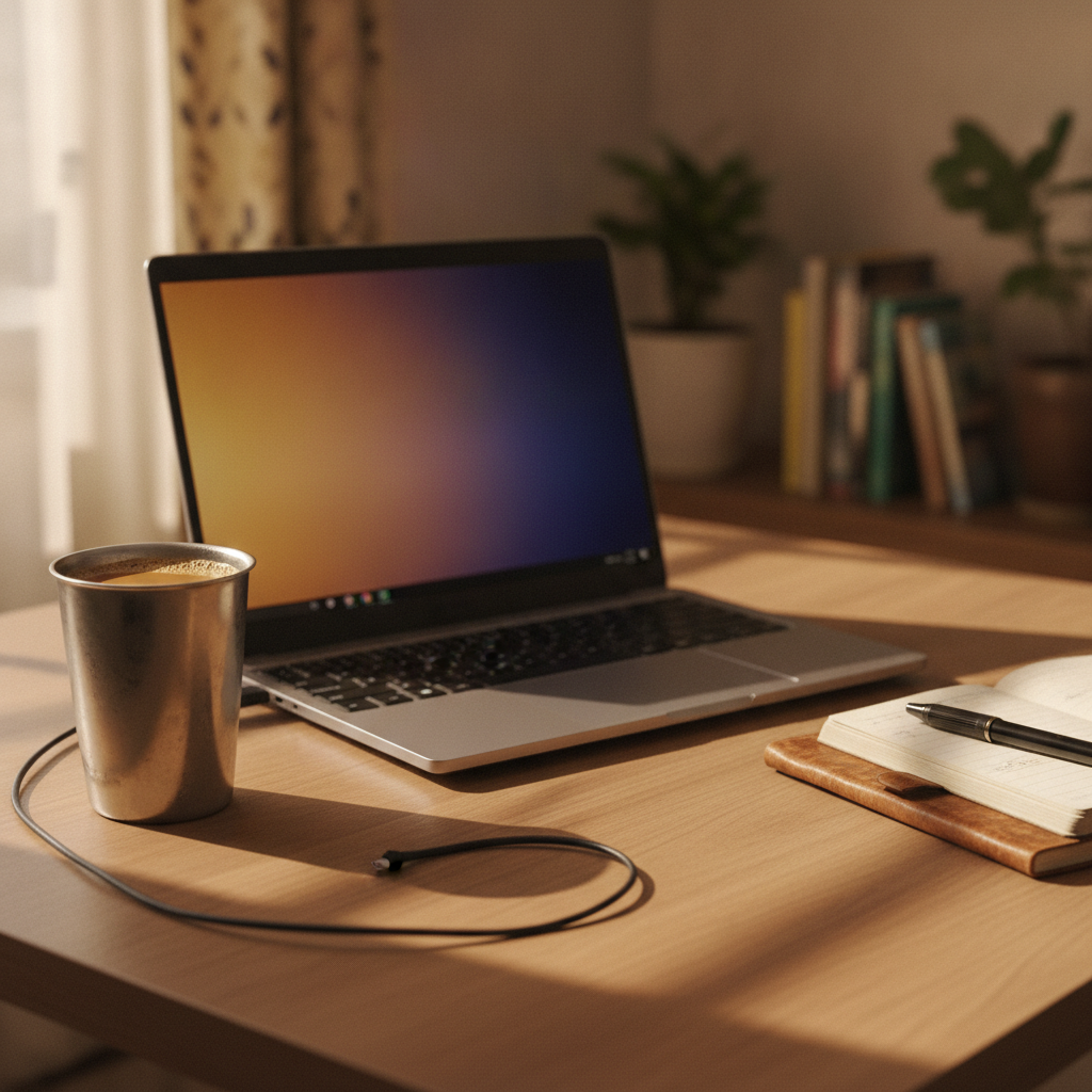 15.6-inch Windows laptop open on a work desk in an Indian home office, budget productivity laptop under 60000 rupees