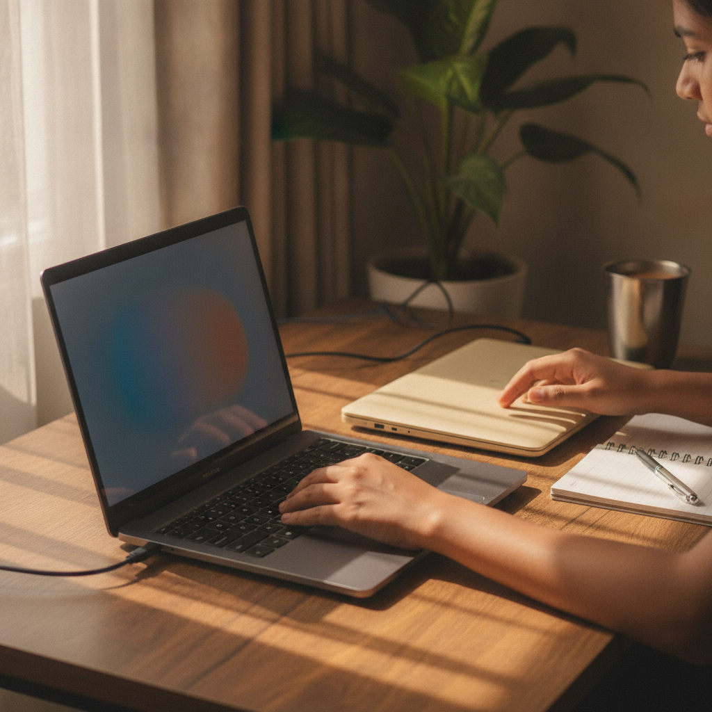 Person comparing laptops on a table in an Indian home, shopping for the best laptop under 70000 rupees