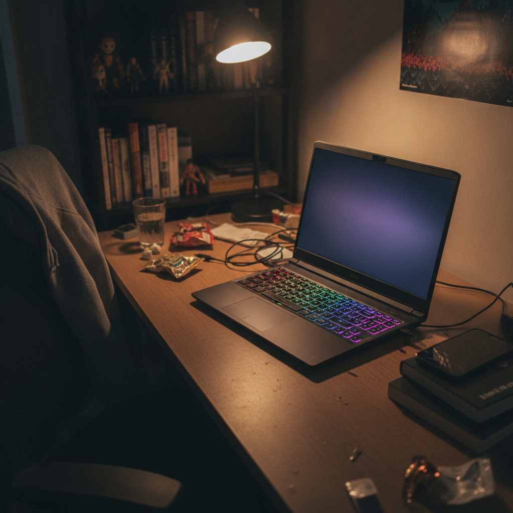 ASUS TUF Gaming A15 laptop with RGB keyboard on a desk in an Indian gaming setup