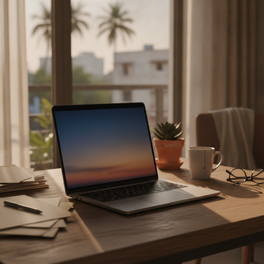 HP OmniBook 3 14-inch laptop on a home office desk in India, thin and light laptop for everyday work
