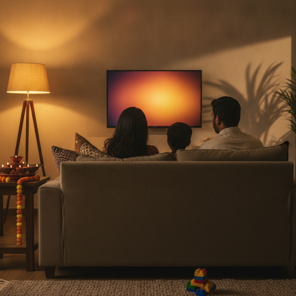 Indian family in a living room watching a 43-inch 4K smart TV during Diwali festive season, festive sale TV shopping
