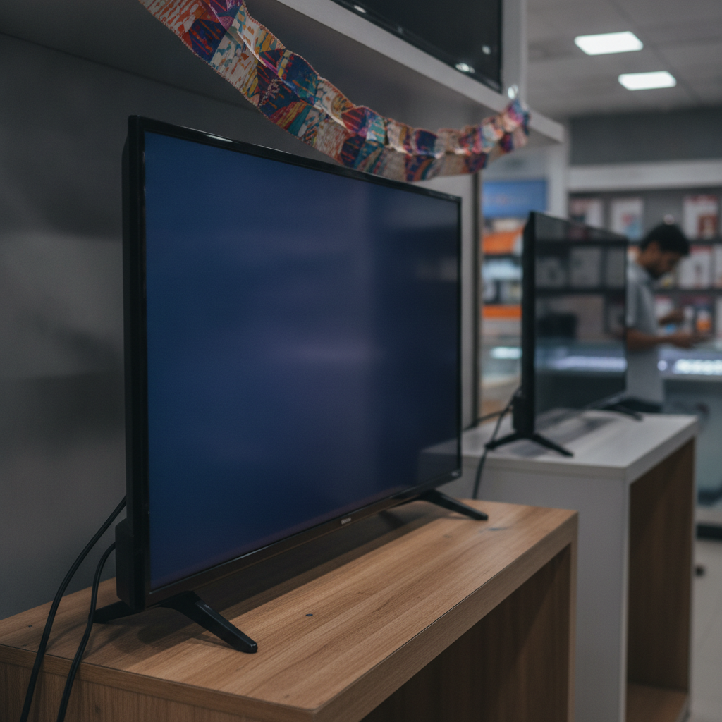 Samsung and LG 43-inch 4K smart TVs on display in an Indian electronics store during the festive sale season