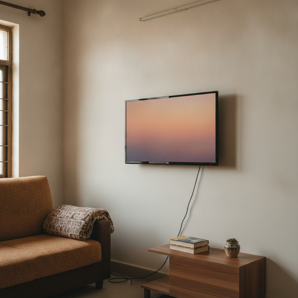 43-inch 4K smart TV mounted on a living room wall in a small Indian apartment, budget TV under twenty thousand rupees