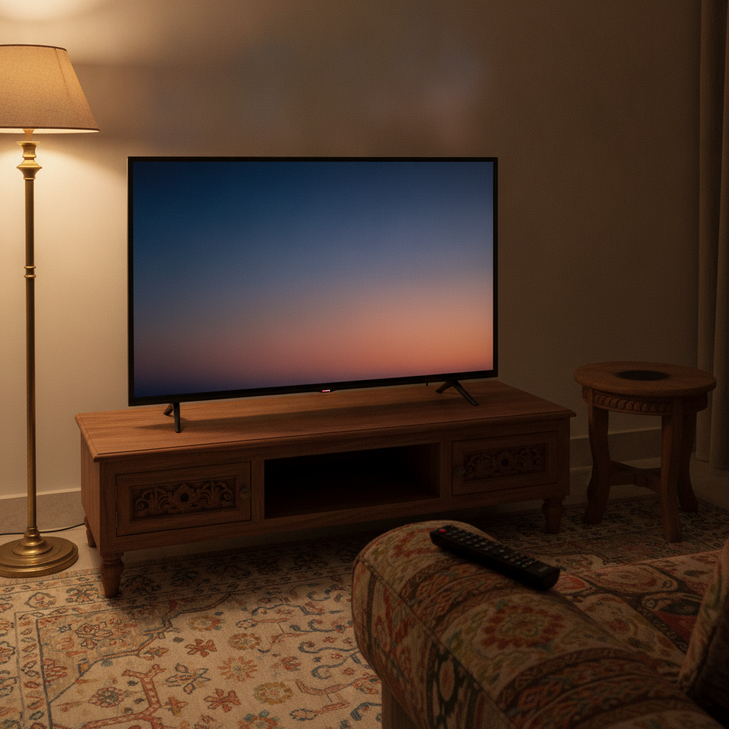 Acer Ultra I Series 43-inch 4K Google TV displaying a nature scene on a TV unit in an Indian living room