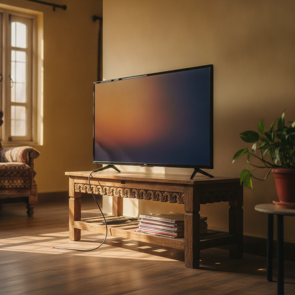 Samsung Crystal 4K 43-inch smart TV on a wooden TV stand in an Indian home living room