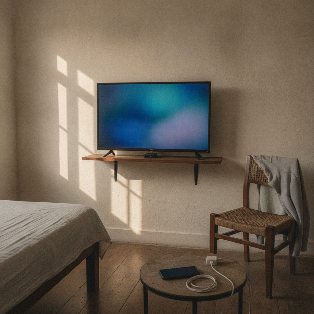 Acer Ultra I Series 40-inch Full HD Google TV on a narrow wall shelf in a compact Indian bedroom